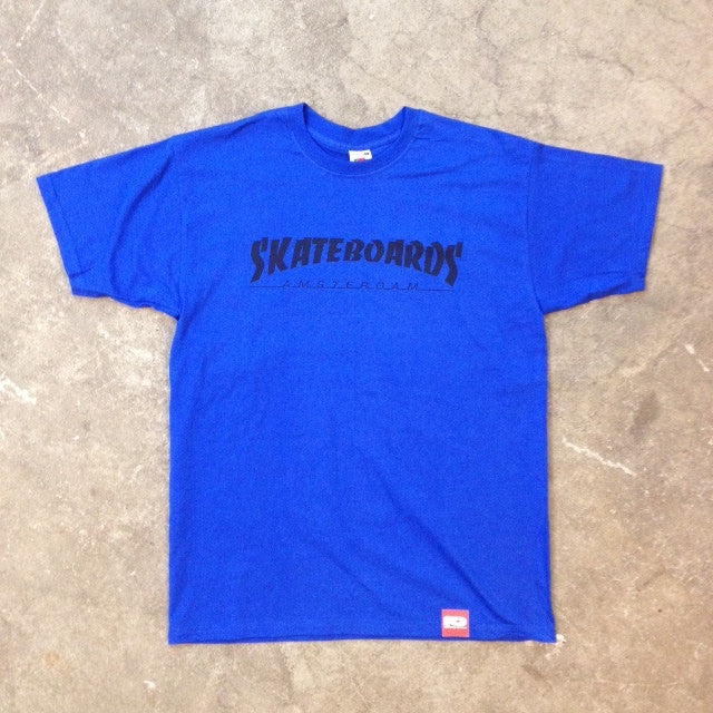 SKATEBOARDS AMSTERDAM T-SHIRT THRASH LOGO BLACK ON ROYAL - Skateboards Amsterdam