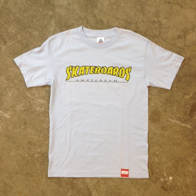 SKATEBOARDS AMSTERDAM T-SHIRT THRASH LOGO YELLOW ON LIGHT BLUE - Skateboards Amsterdam