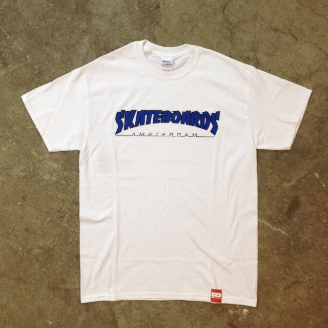 SKATEBOARDS AMSTERDAM T-SHIRT THRASH LOGO BLUE ON WHITE - Skateboards Amsterdam