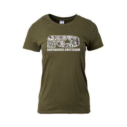 IO SKATEBOARDS AMSTERDAM LADIES T-SHIRT BAND LOGO MILITARY GREEN