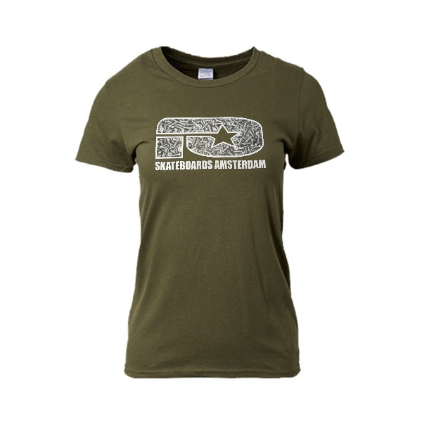 IO SKATEBOARDS AMSTERDAM LADIES T-SHIRT HARDWARE LOGO MILITARY GREEN