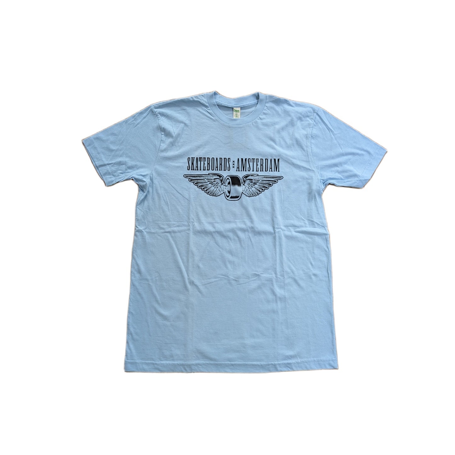 IO SKATEBOARDS AMSTERDAM FLYING WHEEL ORGANIC T-SHIRT LIGHT BLUE