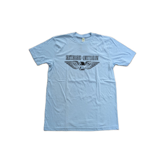 IO SKATEBOARDS AMSTERDAM FLYING WHEEL ORGANIC T-SHIRT LIGHT BLUE