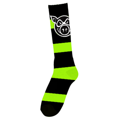 PIG HEAD STRIPED TALL SOCKS BLACK/GREEN