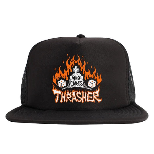 THRASHER WHO CARES BY NECKFACE TRUCKER HAT BLACK