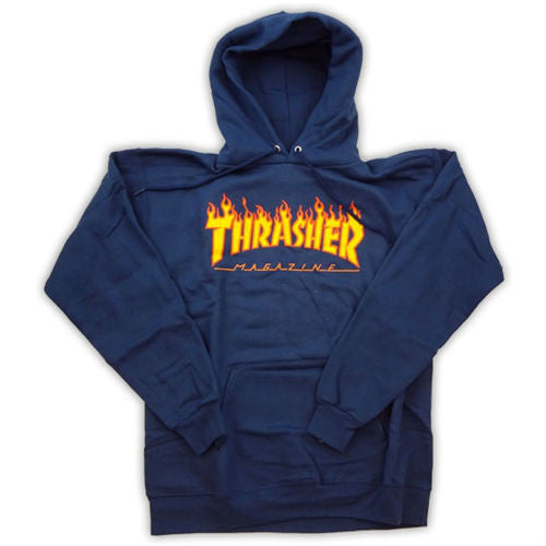 THRASHER FLAME HOODED SWEATER NAVY - Skateboards Amsterdam